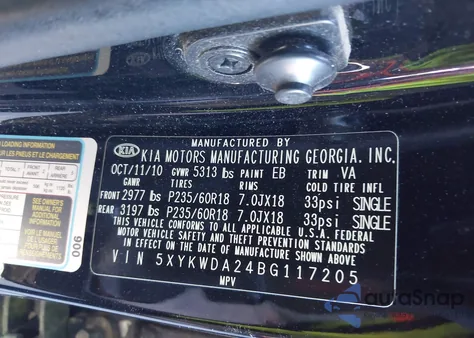 2011 Kia Sorento Sx V6 z USA, uszkodzony, nr VIN 5XYKWDA24BG117205